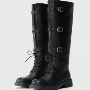 Bottes longues à boucle - Chaussures hautes en cuir à lacets style équitation-