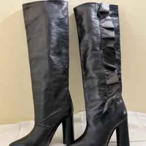 Bottes hautes sexy IRO cuir noir haut genou bordure volants talon haut France 36/5,5--